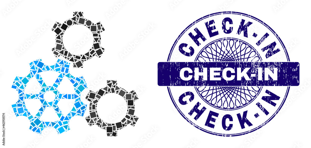 Obraz premium Geometric collage gears, and Check-In scratched seal imitation. Violet seal has Check-In title inside circle shape. Vector gears mosaic is constructed with scattered circle, triangle, square dots.