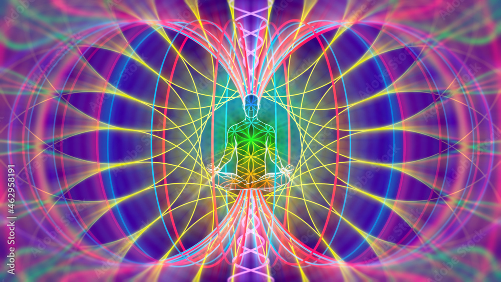 3d illustration of an energy field around a meditating person - obrazy, fototapety, plakaty 