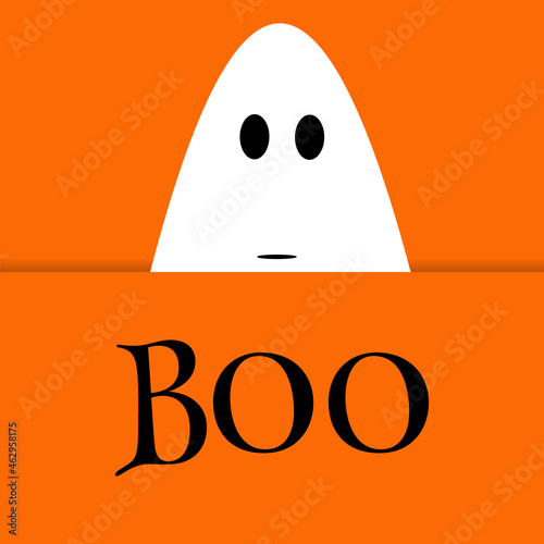 Boo. Halloween banner with looking out ghost and lettering on orange background. Creative vector illustration. Awesome design for post, web, greeting card, postcard, invitation, coupon