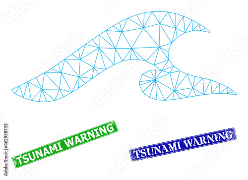 Net tsunami image, and Tsunami Warning blue and green rectangular dirty stamps. Polygonal wireframe illustration is based on tsunami icon. Stamps contain Tsunami Warning tag inside rectangular frame.