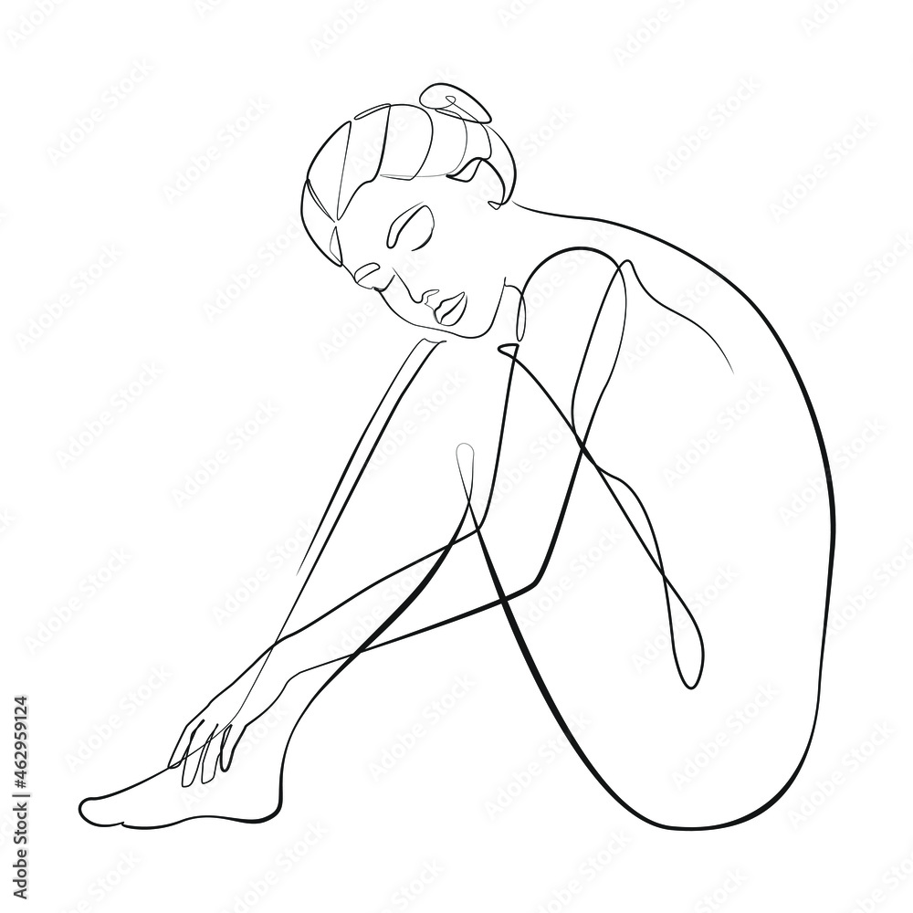 Side view of a young nude woman one line drawing on white isolated