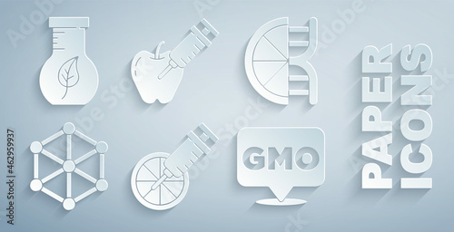 Set Genetically modified orange, GMO, apple and Test tube and flask icon. Vector