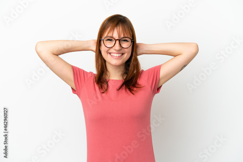 Redhead girl isolated on white background laughing