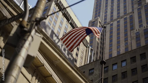 Wall Street sign with American flags in the background, shot in the heart of the business world in Manhattan. Business, finance, worldwide stock trade and economics concept.