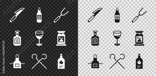Set Knife, Beer bottle, Barbecue fork, Kitchen apron, BBQ skewers, Tabasco sauce, Sauce and Wine glass icon. Vector