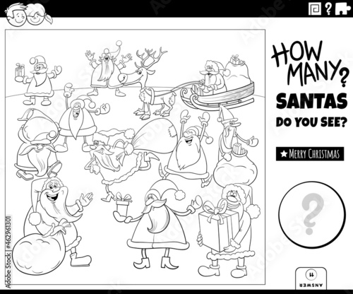 count cartoon Santa Claus characters game coloring book page