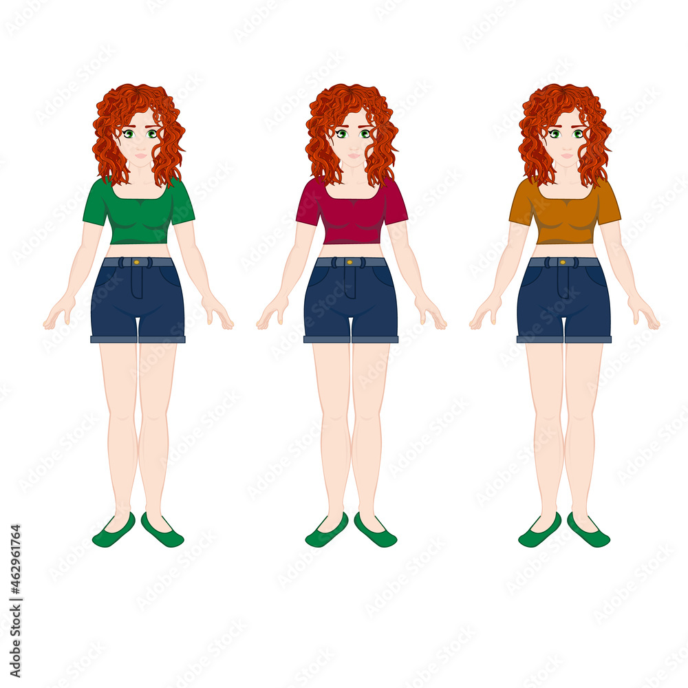 A set of cute curly-haired red-haired girls in clothes of different colors A set of cute curly-haired red-haired girls in clothes of different colors