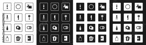 Set Kitchen meat grinder, Knife, Pizza knife, Blender, Spatula, Cutting board, Plate and Bottle of olive oil icon. Vector