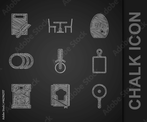 Set Pizza knife, Cookbook, Frying pan, Cutting board, Coffee machine, Plate, Kitchen timer and and icon. Vector