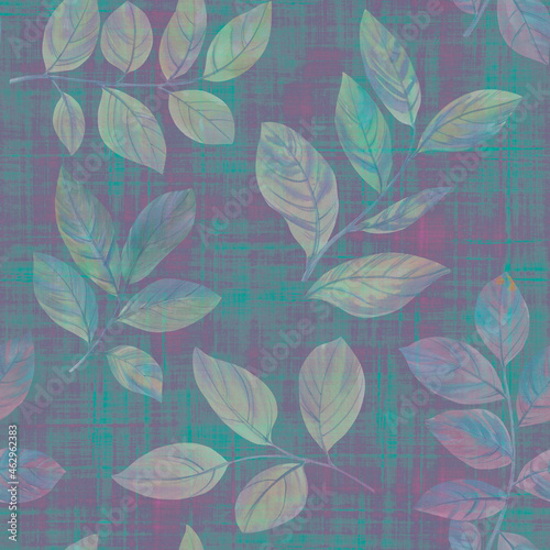 Decorative leaves seamless pattern on an abstract background. Abstract seamless background of leaves and branches. Botanical watercolor drawing for printing, wallpaper, packaging.
