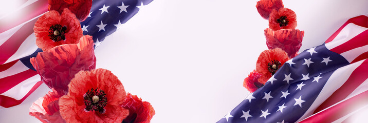 Pearl Harbor National Remembrance day banner template with united states flag, red poppies, and copy space.