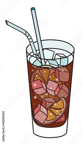 Kalimotxo or calimocho cocktail in highball glass. Red wine and cola based Spanish Basque drink served on the rocks garnished with lemon. Stylish doodle cartoon vector illustration