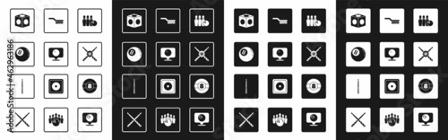 Set Bowling pin and ball, Location with bowling, Billiard, chalk, Crossed billiard cues, Pool table brush, and icon. Vector