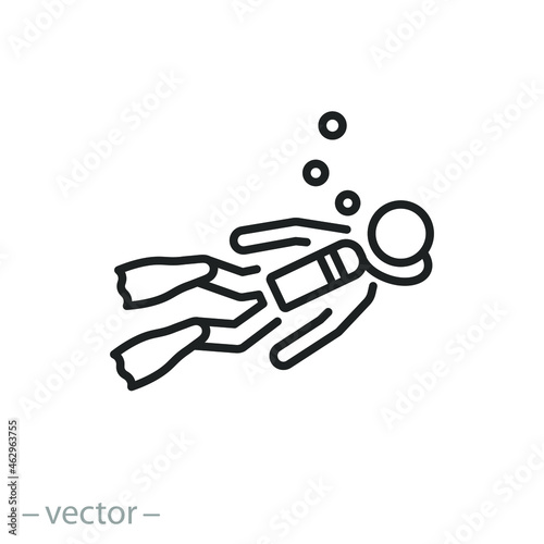 deep scuba icon, diver with aqualung, diving underwater, ocean or sea sport, school snorkeling, thin line symbol on white background - editable stroke vector illustration