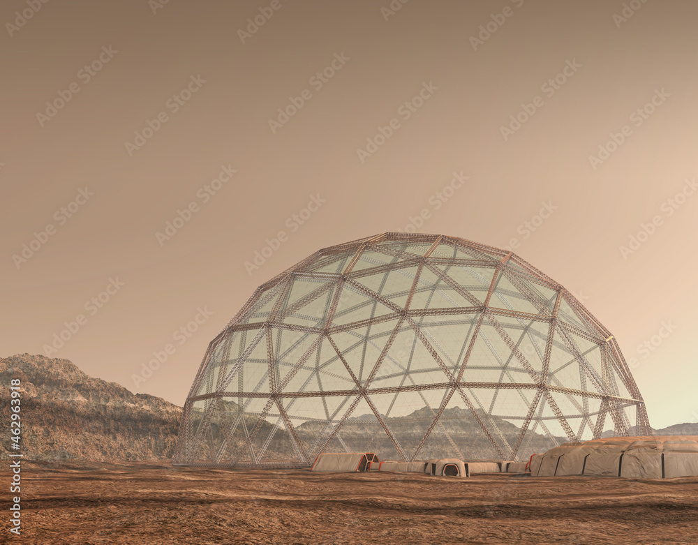 Geodesic dome structure on Mars - obrazy, fototapety, plakaty 