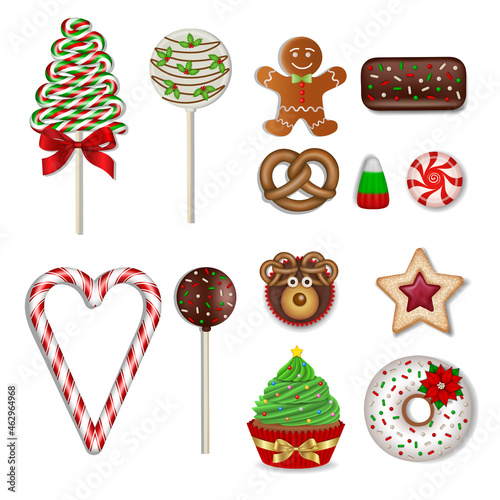 Set of christmas sweets. isolated lollipops, candies, chocolates, cookies and cakes