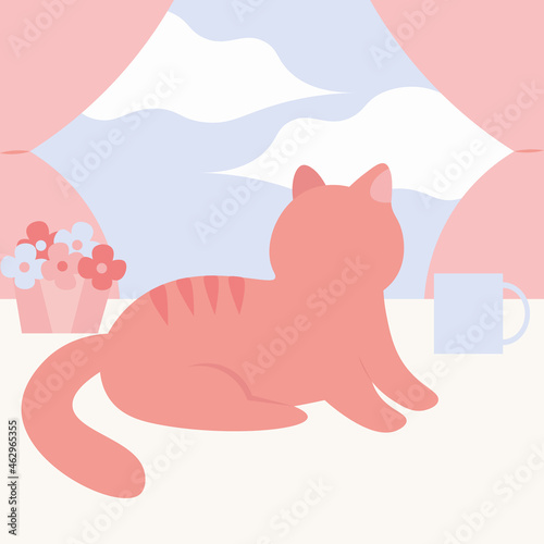 The cat lies on the windowsill and looks out the window at the clouds. A mug of coffee, violets in a pot. Delicate pastel colors. Vector children's illustration