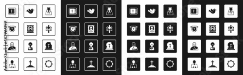 Set Monk, Christian icon, Flag with christian cross, Online church pastor preaching, Dove, Grave tombstone and Knight crusader icon. Vector