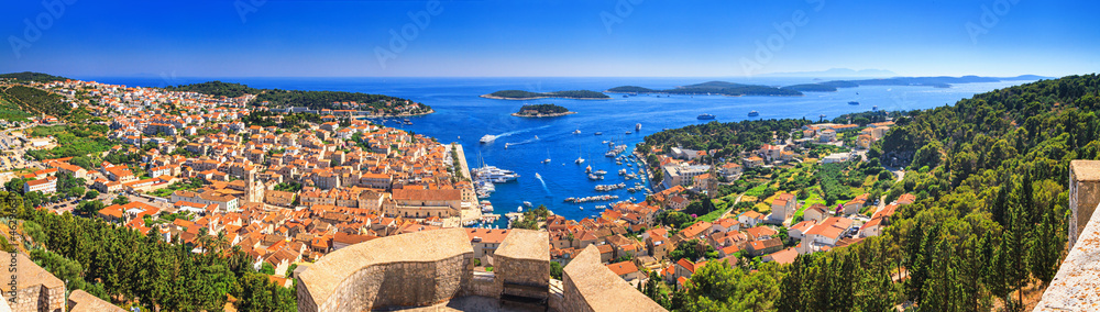 Coastal summer landscape, panorama from the fortress - top view of the town of Hvar, on the island of Hvar, the Adriatic coast of Croatia
