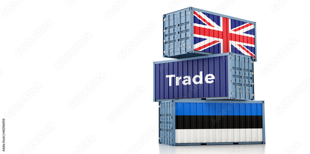 Shipping containers with United Kingdom and Estonia flag. 3D Rendering 