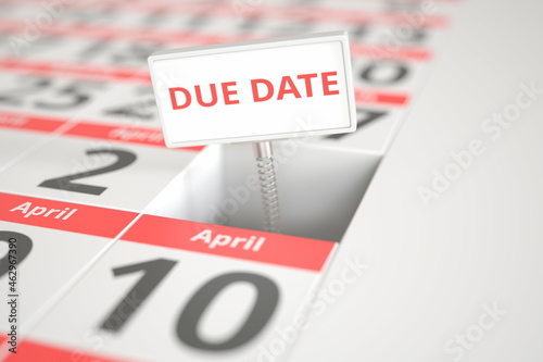 DUE DATE sign on April 3 in a calendar, 3d rendering