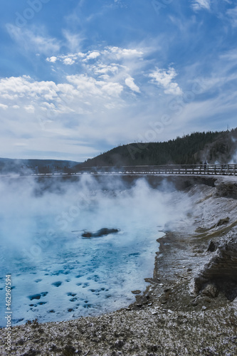 Excelsior Geyser, which located in the Midway Geyser Basin in Yellowstone National Park, drains 4,000-4,500 gallons of water per minute into the Firehole River.