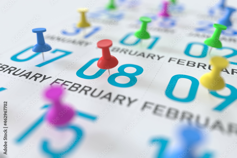 February 8 date marked with a pin calendar, 3D rendering February 8 date marked with a pin calendar, 3D rendering
