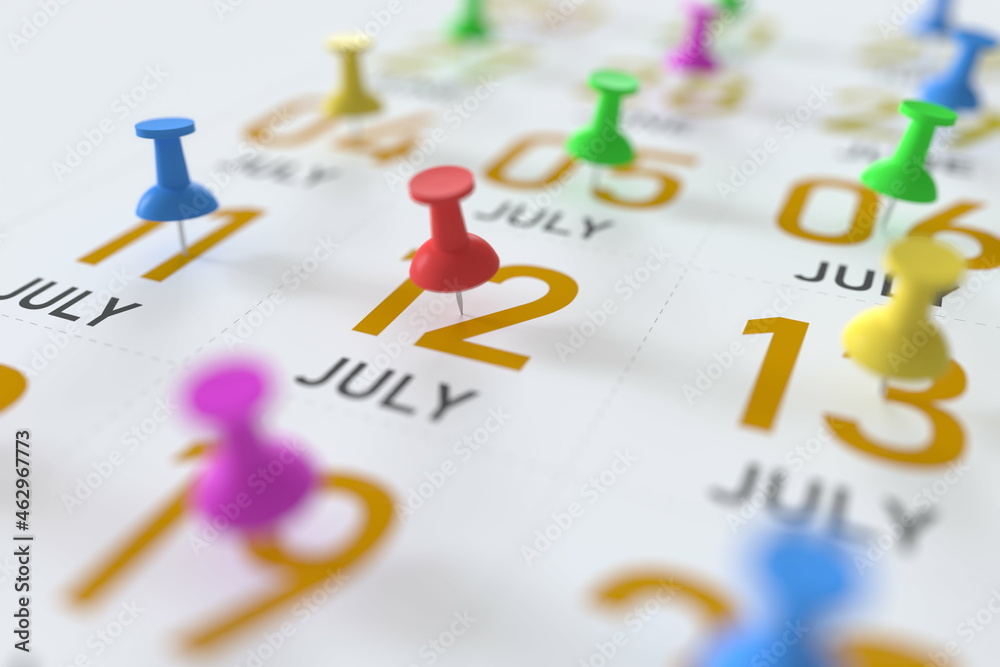 July 12 date and push pin on a calendar, 3D rendering July 12 date and push pin on a calendar, 3D rendering