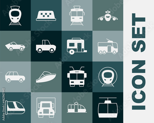 Set Cable car, Train and railway, Trolleybus, Tram, Pickup truck, Car, and Rv Camping trailer icon. Vector