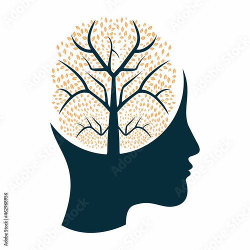 Female head with  brain tree logo concept. Organic brain  tree mind concept design.