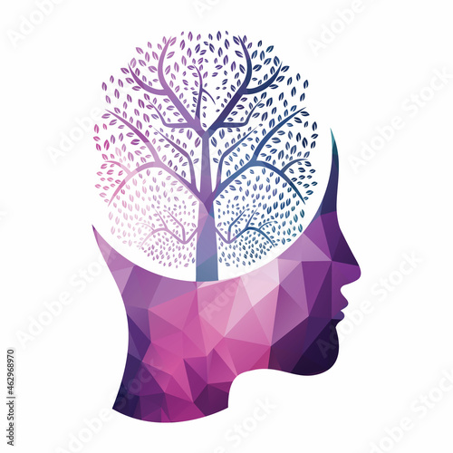 Female head with  brain tree logo concept. Organic brain  tree mind concept design.