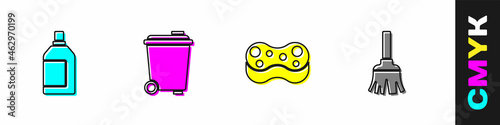 Set Bottle for cleaning agent, Trash can, Sponge and Feather broom icon. Vector