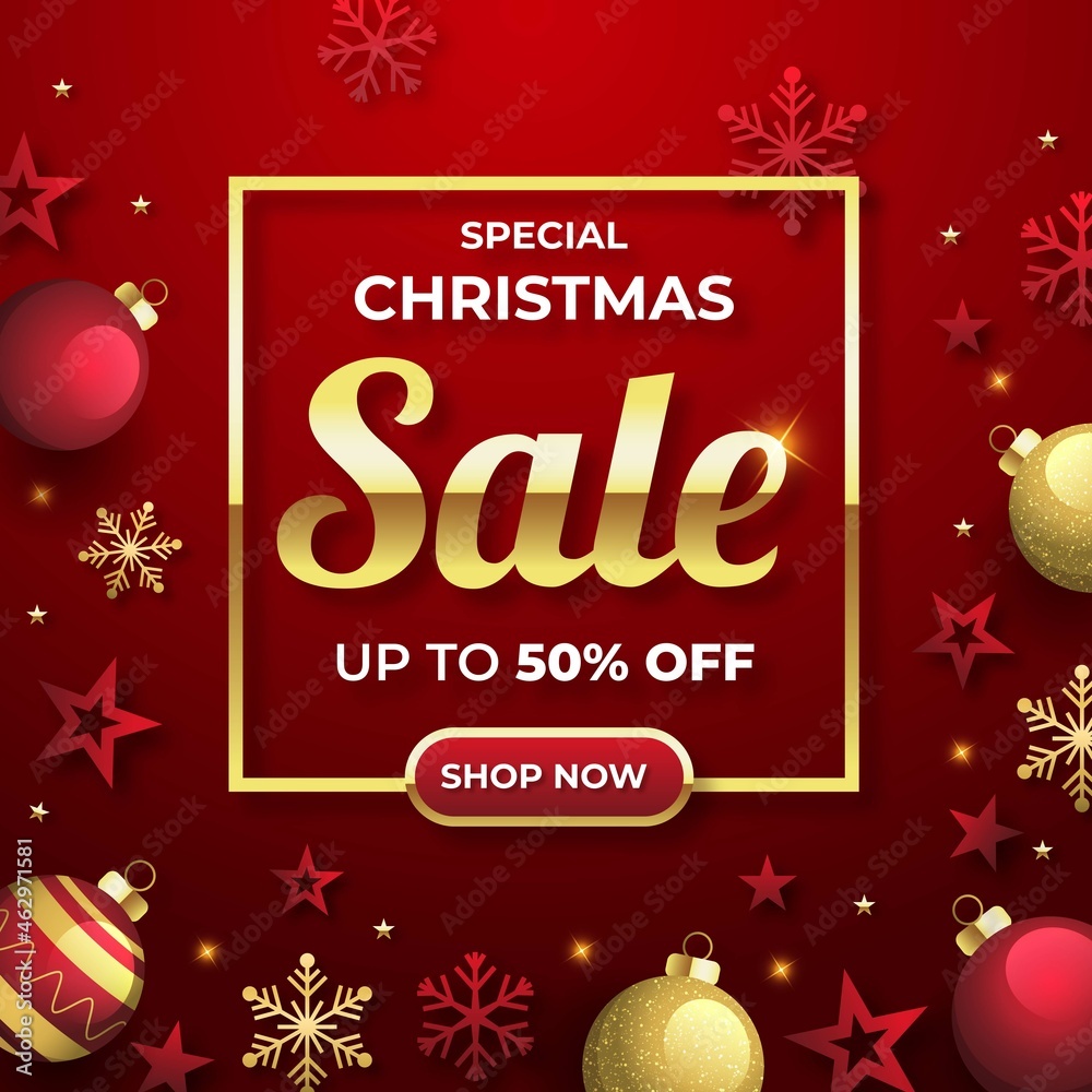 flat christmas sales promo with golden red decorations vector design illustration