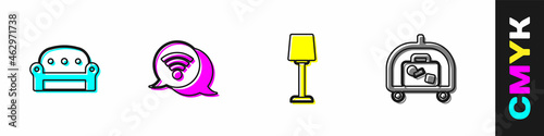 Set Sofa, Wi-Fi wireless internet, Table lamp and Hotel luggage cart icon. Vector