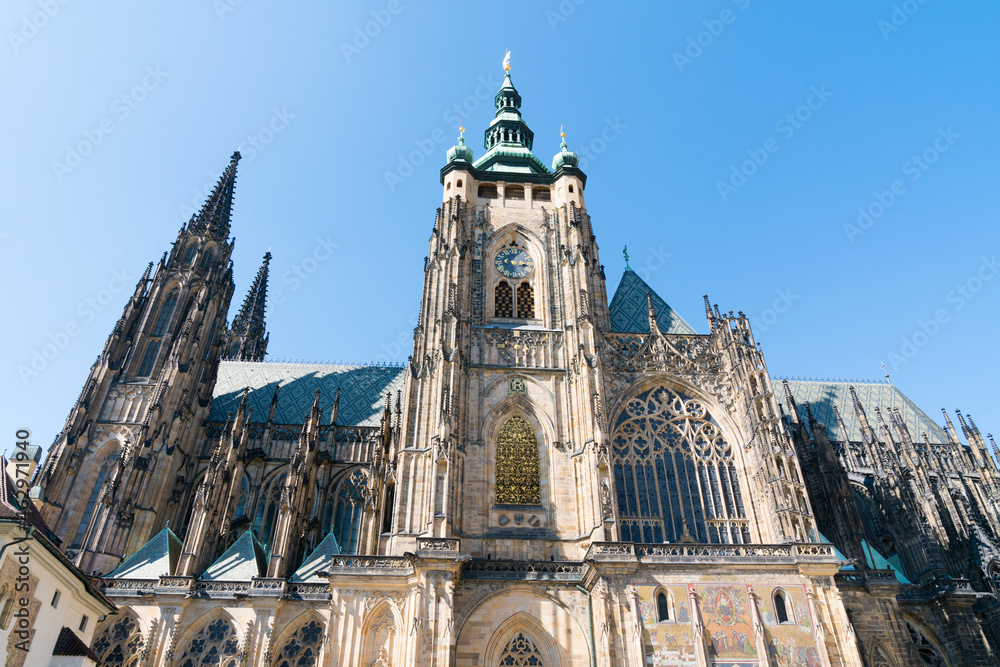 Exterior Gothic architectural detail and structure of St. Vitus Cathedral, Prague, Czech Republic.