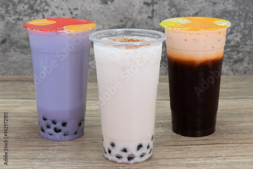 Ice cold choice of taro milk tea, thai tea, or horchata will quench that thrist and satisfy that sweet craving all in one beverage