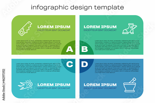 Set line Fireball, Hand saw, Mortar pestle and Hermes sandal. Business infographic template. Vector