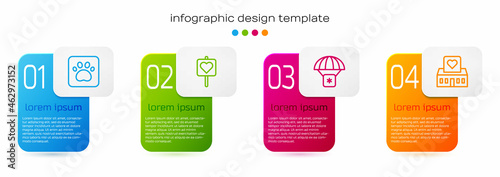Set line Paw print, Location with heart, Humanitarian aid and Volunteer center. Business infographic template. Vector
