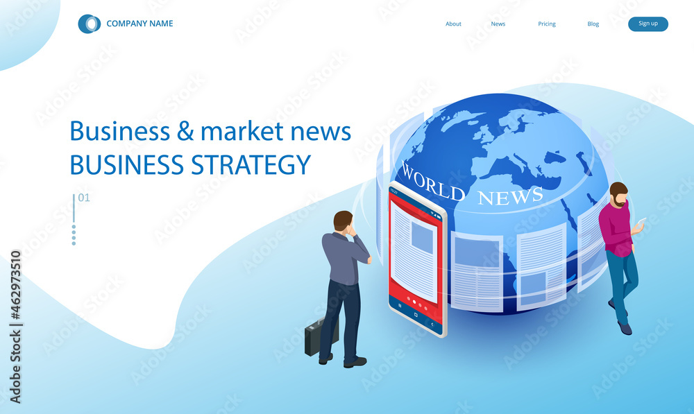 Isometric business news concept. Business news website on digital tablet, everyday searching for job and business opportunities Isometric business news concept. Business news website on digital tablet, everyday searching for job and business opportunities