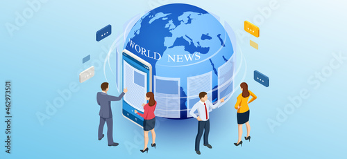 Isometric business news concept. Business news website on digital tablet, everyday searching for job and business opportunities