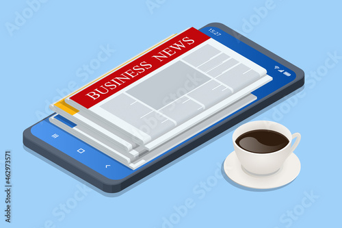 Isometric business news concept. Business news website on digital tablet, everyday searching for job and business opportunities