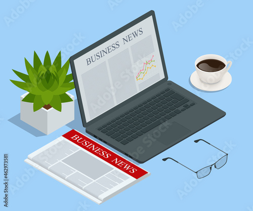 Isometric business news concept. Business news website on digital tablet, everyday searching for job and business opportunities