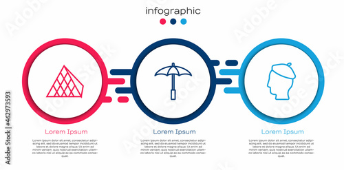 Set line Louvre glass pyramid, Umbrella for beach and French man. Business infographic template. Vector