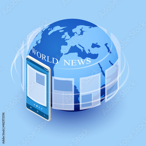 Isometric business news concept. Business news website on digital tablet, everyday searching for job and business opportunities