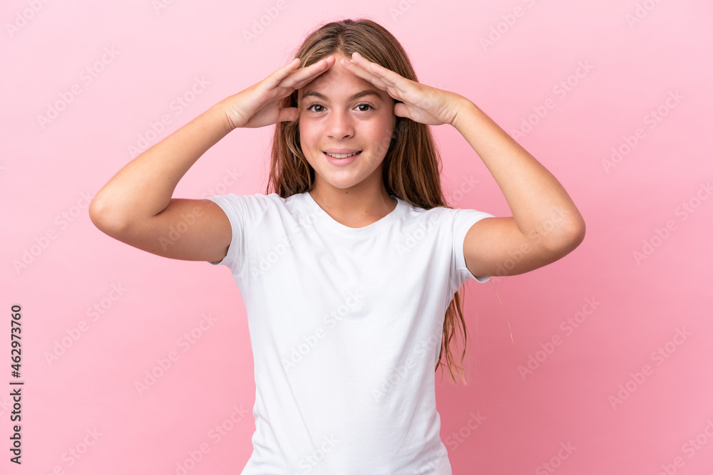 Little caucasian girl isolated on pink background with surprise expression Little caucasian girl isolated on pink background with surprise expression