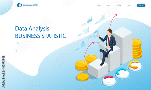 Isometric concept of business analysis, analytics, research, strategy statistic, planning, marketing, study of performance indicators. Investment in securities, smart investment, strategic management