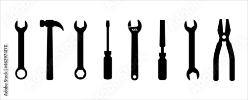 Wrench, hammer, screwdriver, plier, spanner, metal file and crescent wrench vector illustration. Showed in landscape display. Workshop hand tool illustration. photo