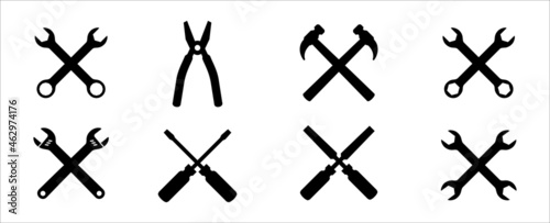 Wrench, hammer and metal file icon vector set. Spanner and screw driver icons. Cross placed workshop hand tool. Inside circle icons vector illustration.