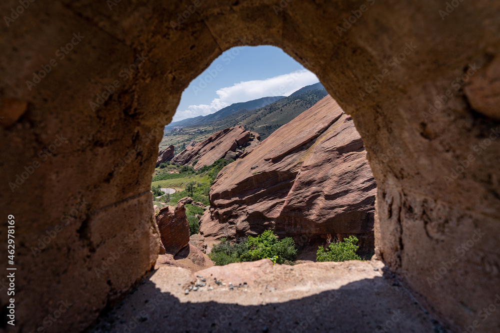 Natural circular frame photo of Red Rocks Park and amphitheater in Morrison Colorado