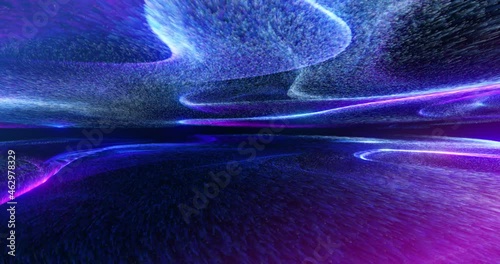 Multicolor shining aurora or energy waves with lights and particles flowing towards screen. psychedelic stream of swirling particles forming cluster and lines. 4K seamless loop